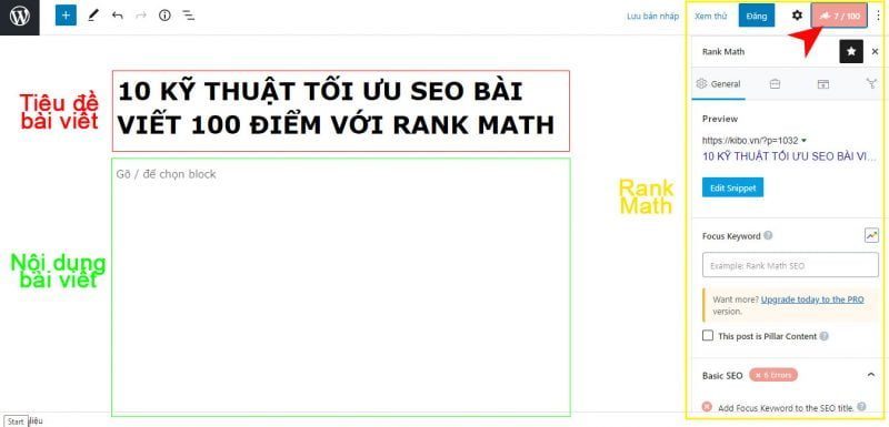 seo bài viết 100 điểm rank math