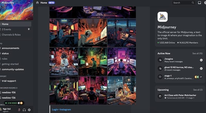 Giao diện của Midjourney trên Discord