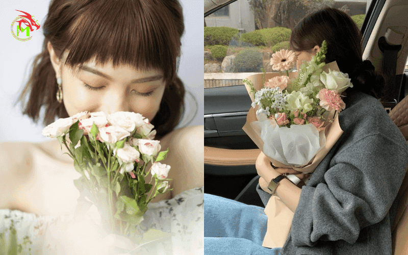Chụp ảnh với hoa che mặt