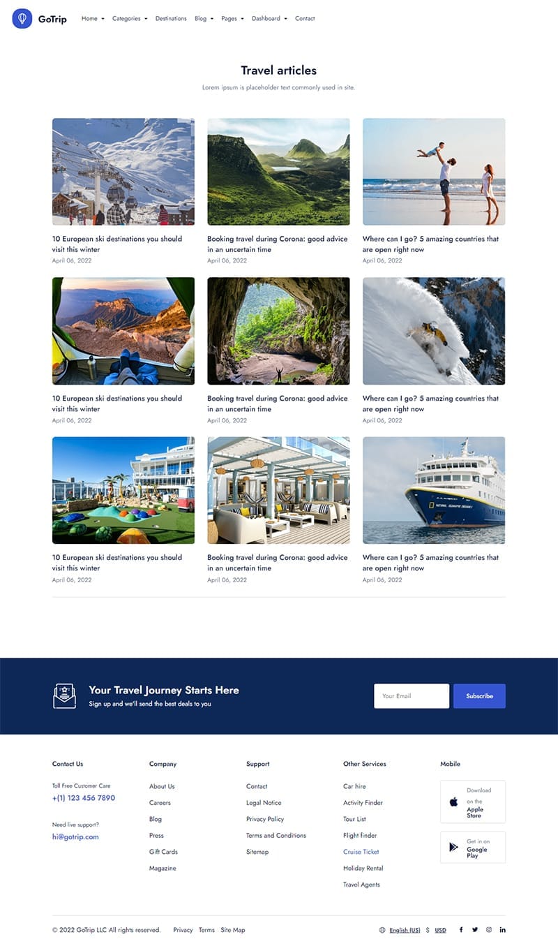 template website travel blogpage