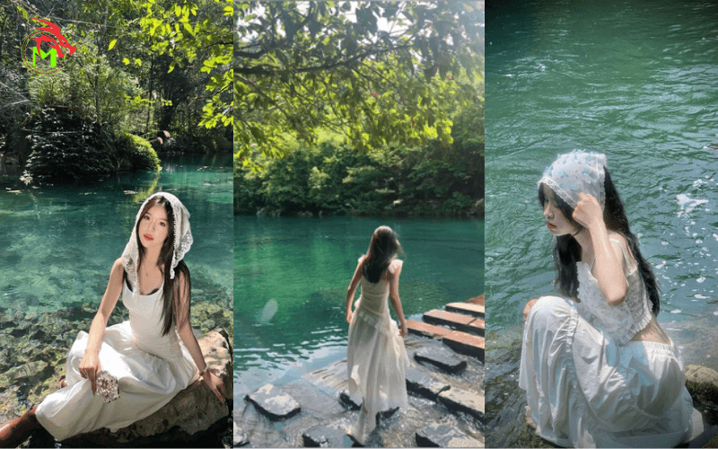 Tạo dáng chụp ảnh ở suối