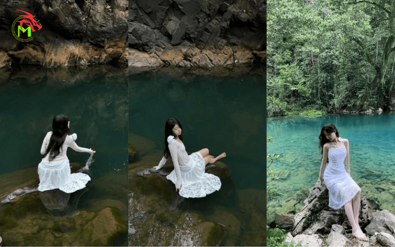 Tạo dáng chụp ảnh ở suối