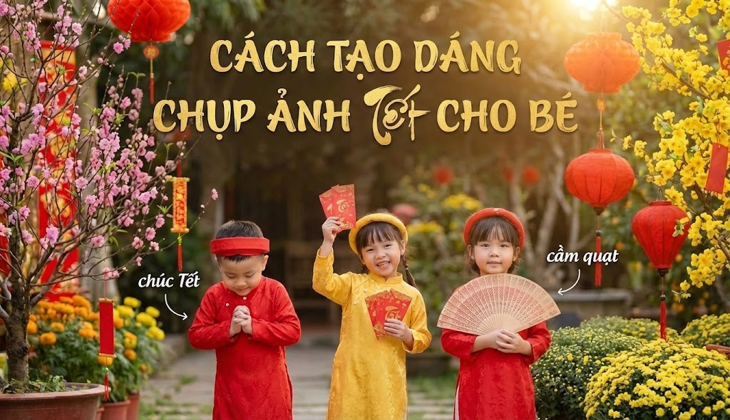 Tạo dáng chụp ảnh tết cho bé